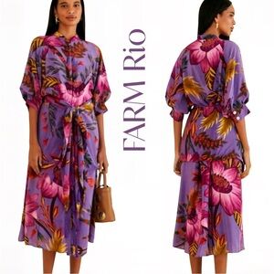 FARM Rio Pink/Purple Balloon Sleeve Midi Sundress with Dolman Sleeves Sz M EUC